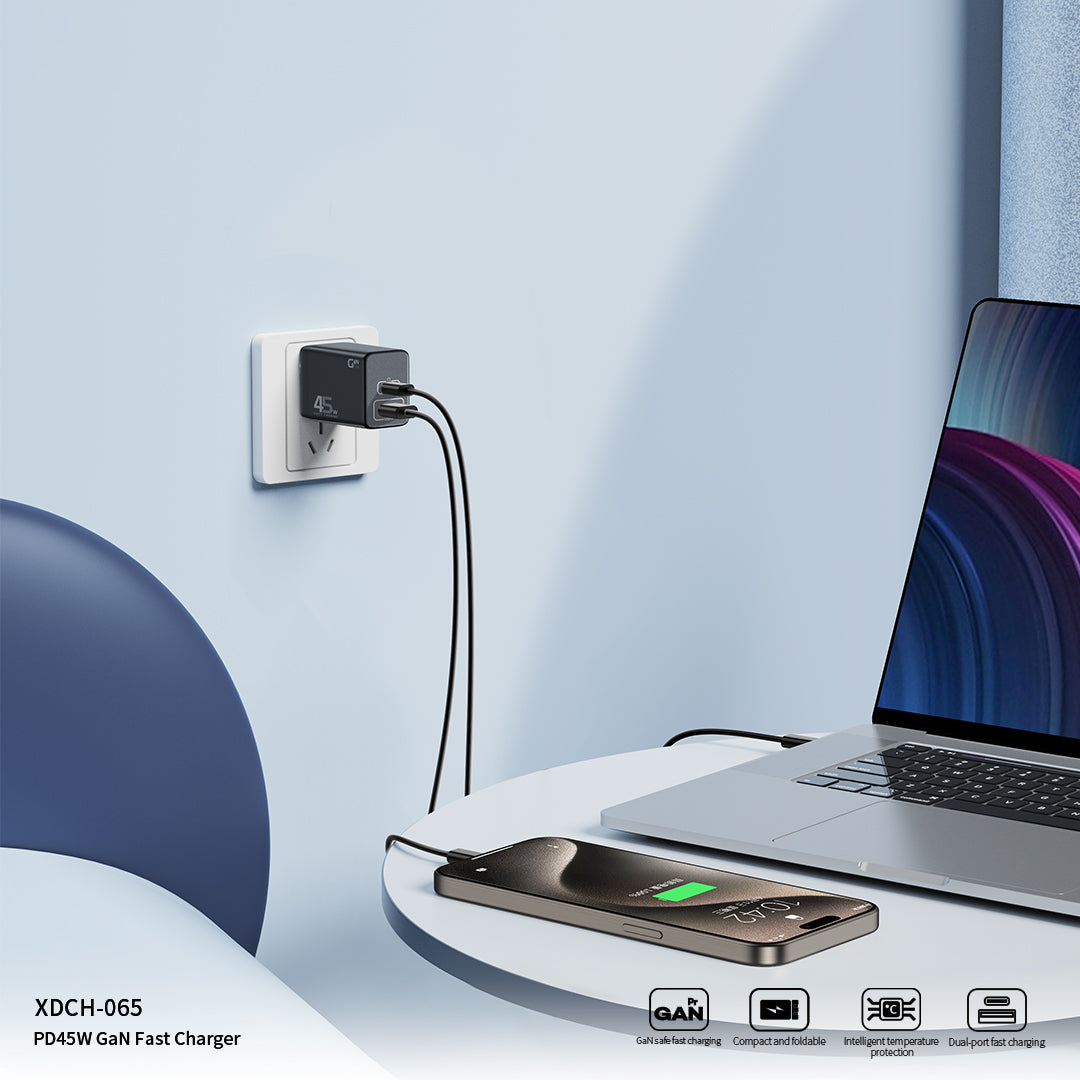 XUNDD XDCH-065 GaN Power Adapter Type-C+USB-A Dual Port 45W Fast Charging Block XUNDD XDCH-065 GaN Power Adapter Type-C+USB-A Dual Port 45W Fast Charging Block